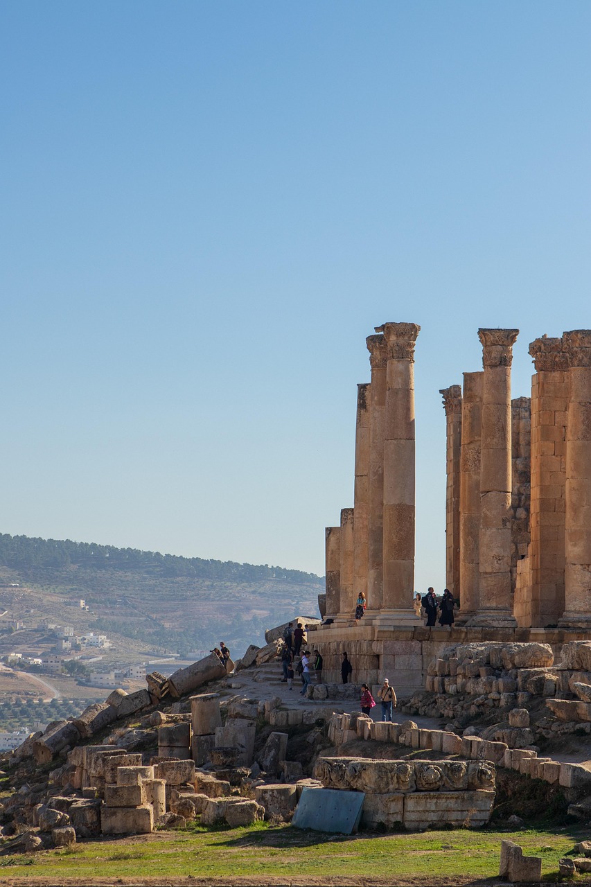 pillars, hills, landscape, roman, ancient, pillar, monument, stone, old, culture, jordan, historical, blue culture
